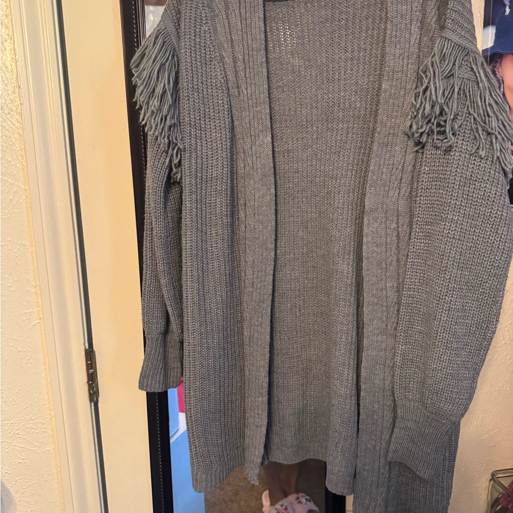 Gray Fringe Cardigan Sweater